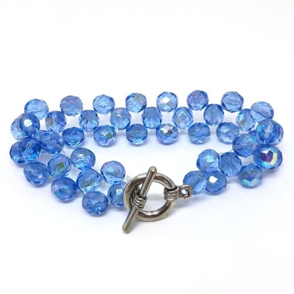 Vintage Blue Faceted Glass Crystal Bead Toggle Bracelet. Triple Strand - Picture 2 of 7